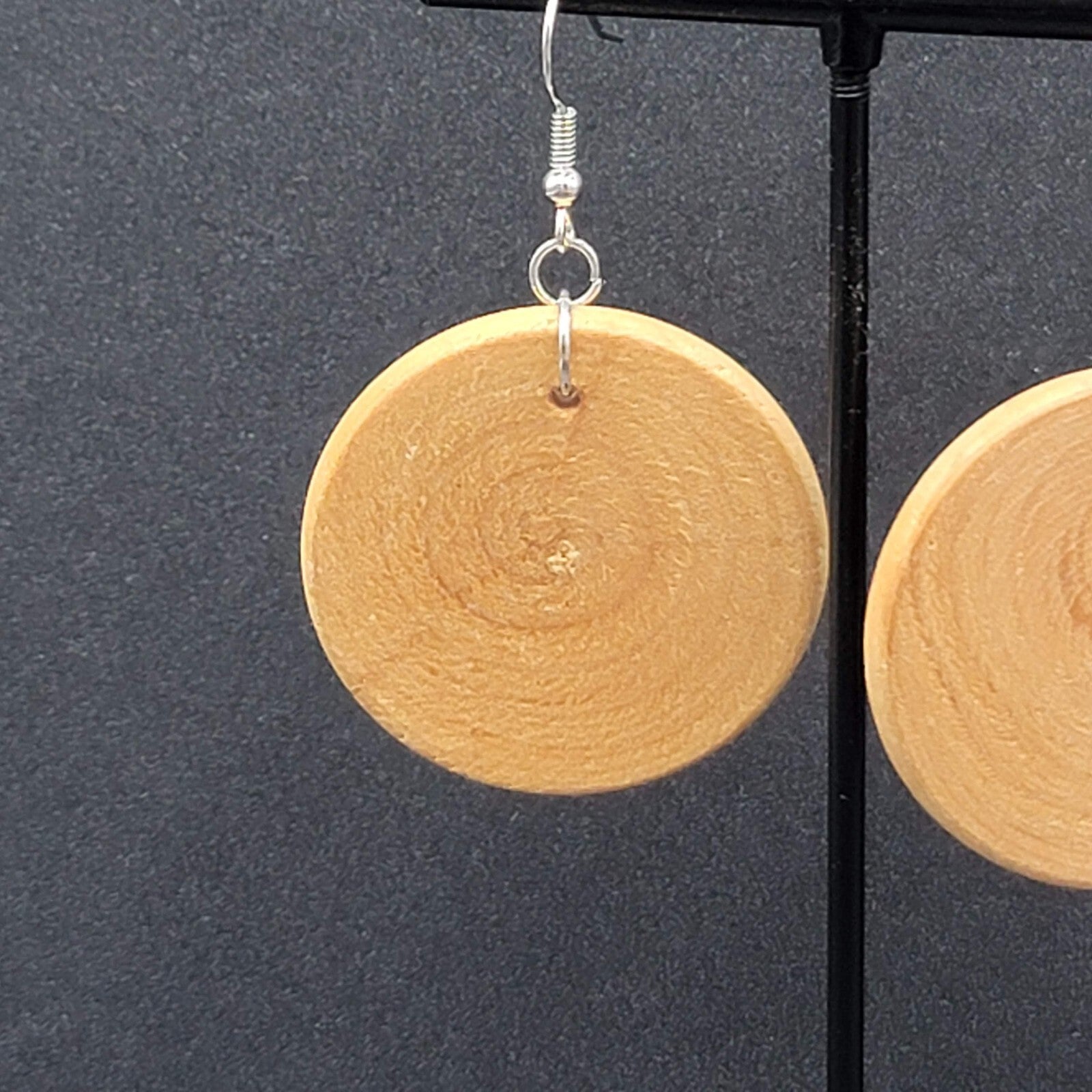 Pierced Earrings Silver tone Real Wood Discs Dangle Boho 1.5"