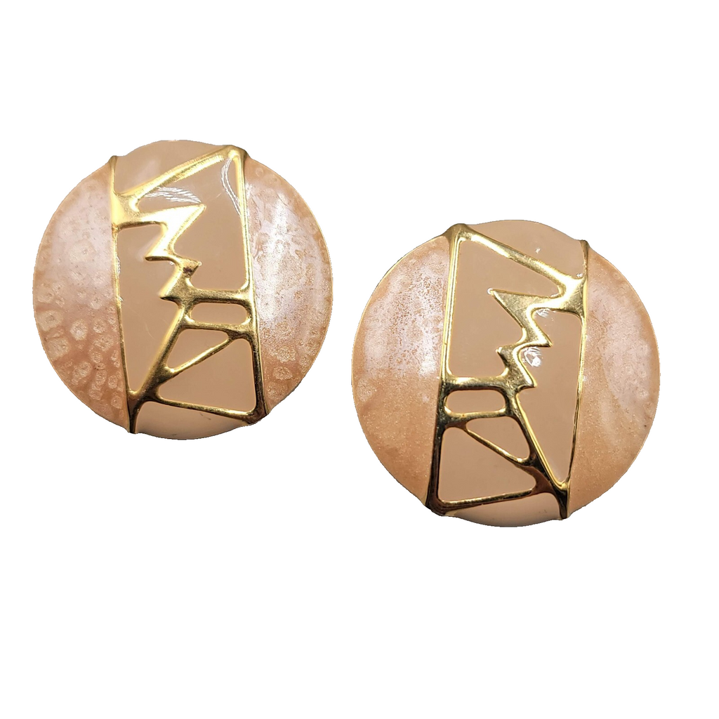 Vintage Pierced Earrings Large Round Peach Enamel 1 5/8"