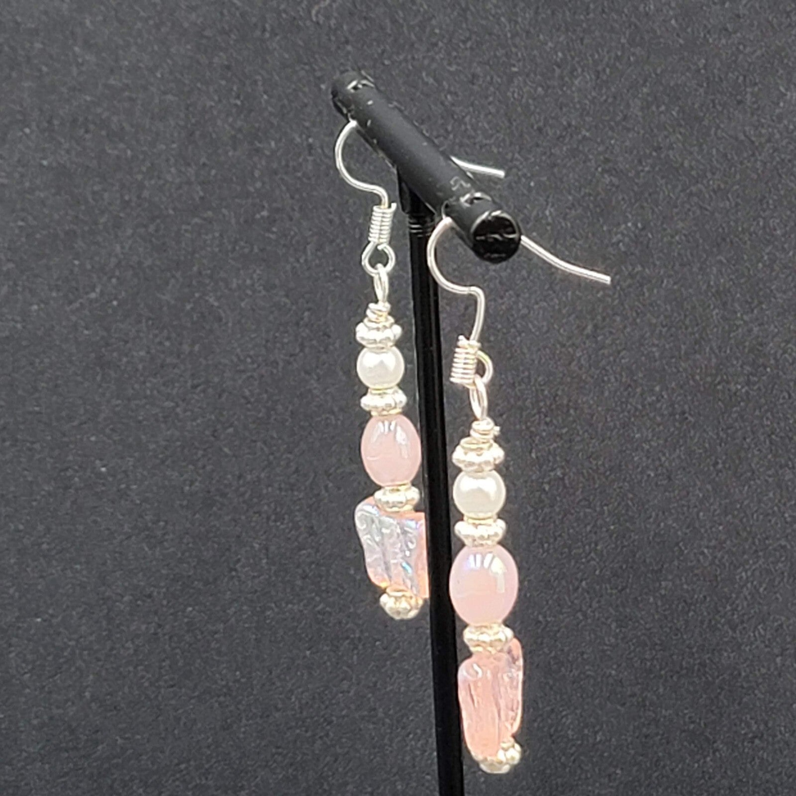 New Pierced Earrings Silver tone Iridescent Butterfly Bead Dangle Pink 1.5"