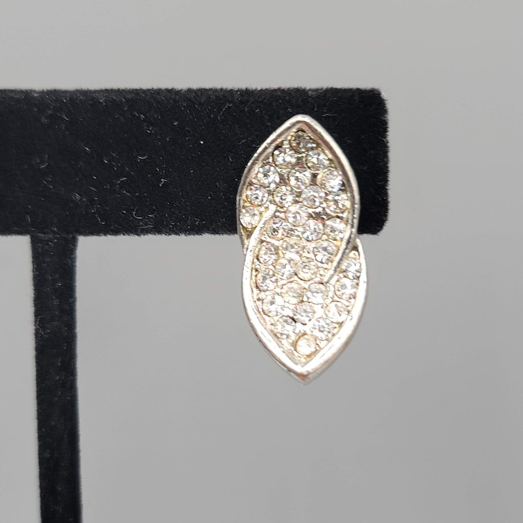 Vintage Curved Rhinestone Clip on Earrings Silver tone Drop 7/8 in