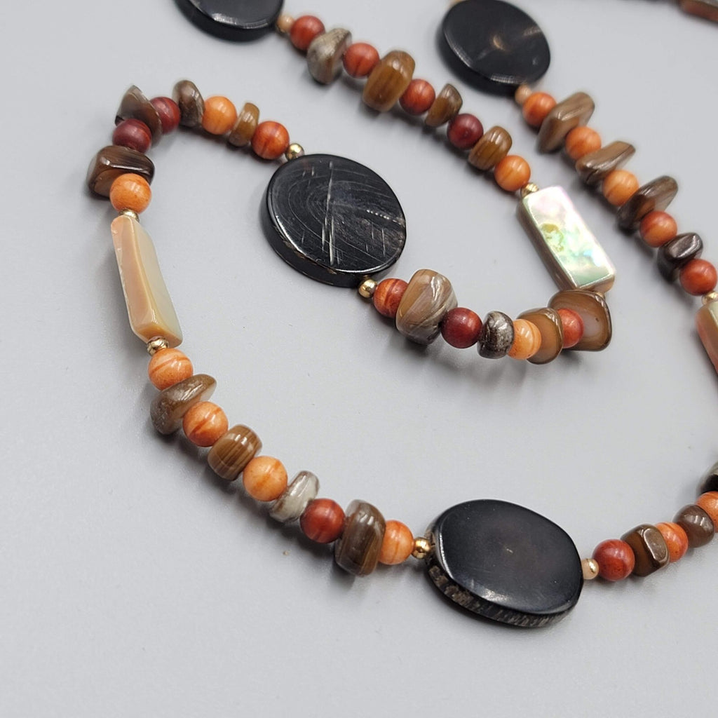 Stone Bead Necklace Abalone Shell Brown Orange Red Long 32"