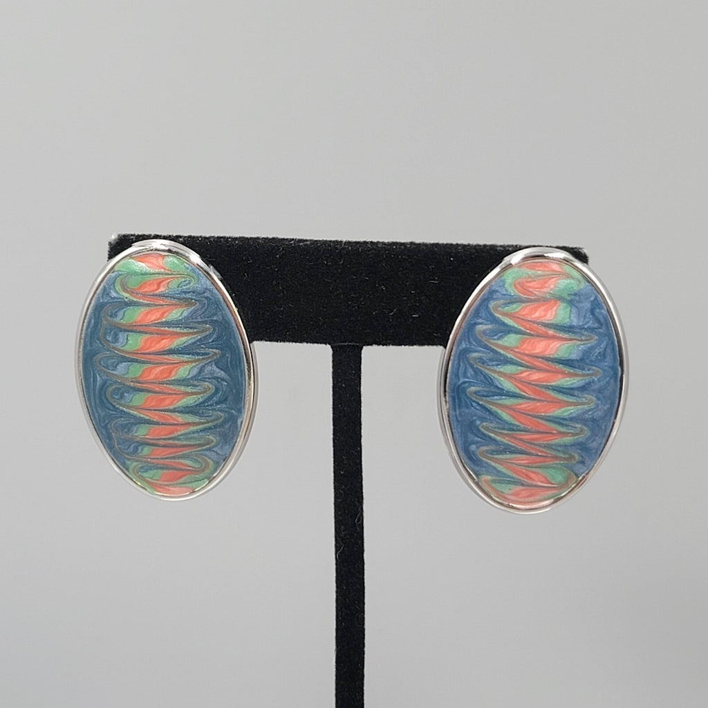 Vintage Pierced Earrings Pink Blue Enamel Silver tone Oval Drop 1 3/8"