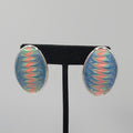 Vintage Pierced Earrings Pink Blue Enamel Silver tone Oval Drop 1 3/8"