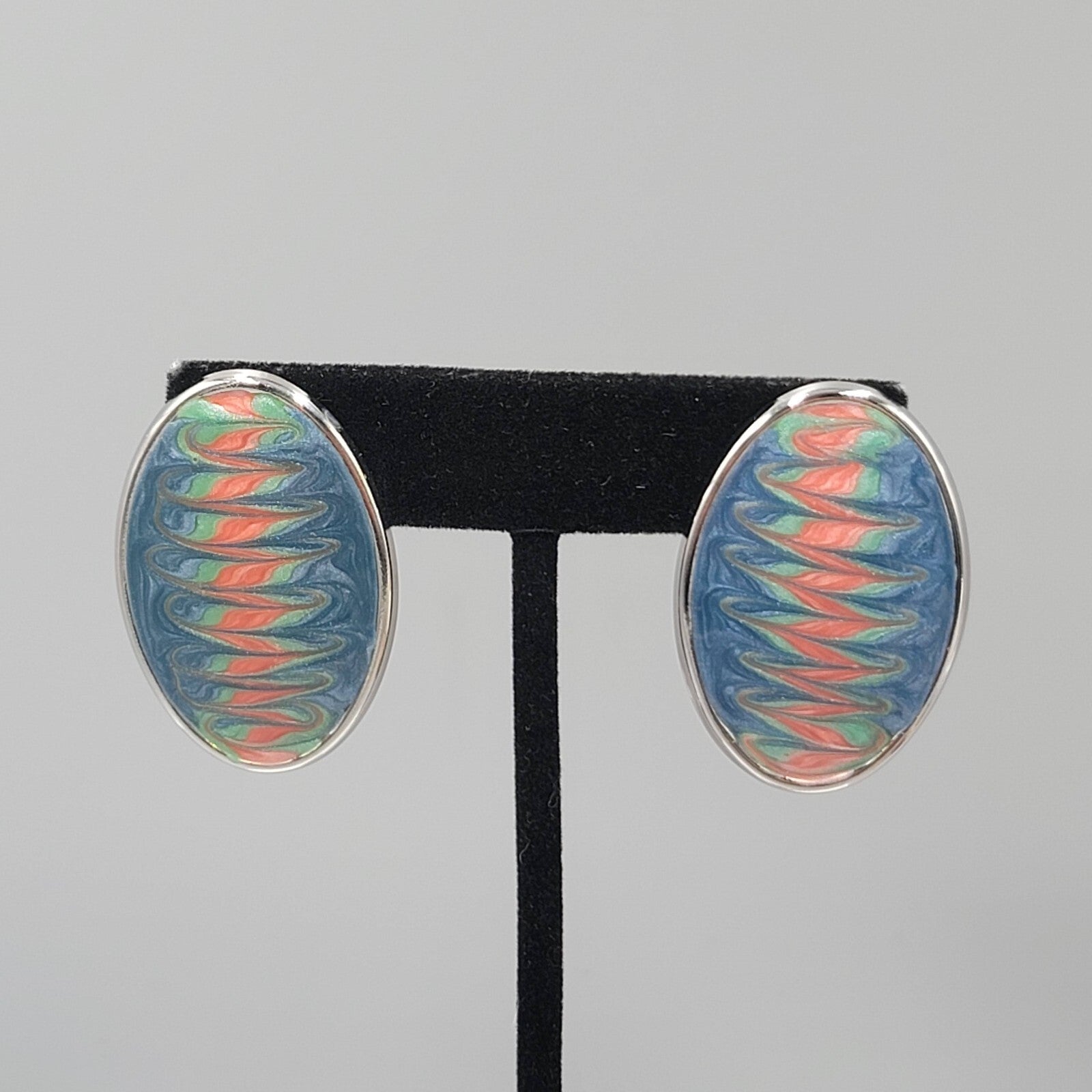 Vintage Pierced Earrings Pink Blue Enamel Silver tone Oval Drop 1 3/8"