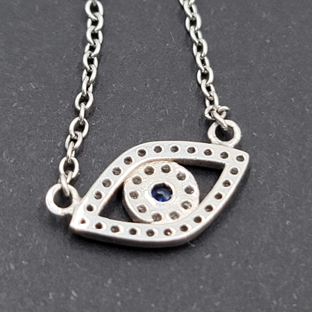Evil Eye Sterling Silver Necklace Blue Clear Crystals 16" 17" or 18" Adj