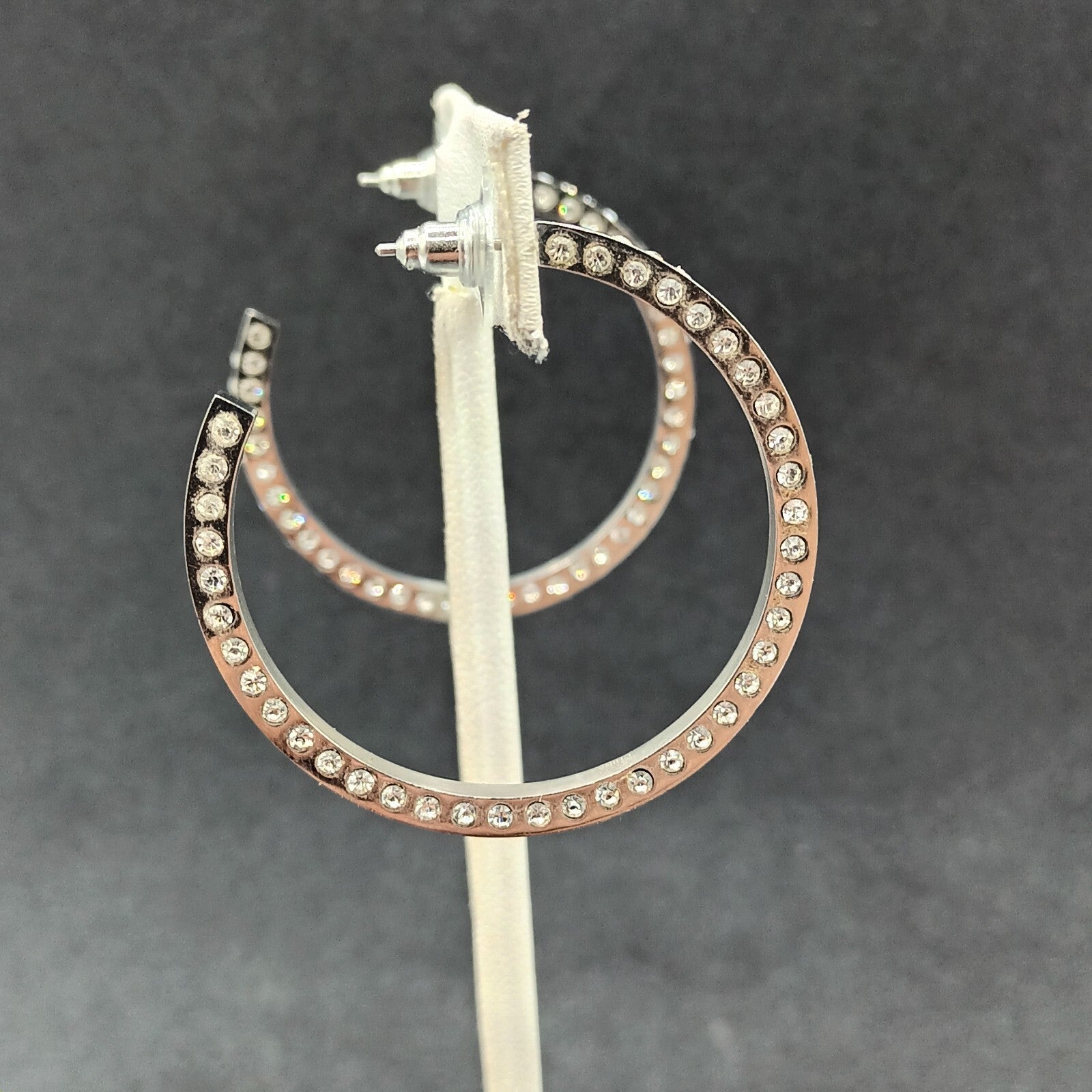 Pierced Earrings Silver tone Rhinestone Studded Statement Hoop 1 5/8"