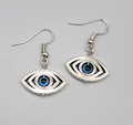 Evil Eye Pierced Earrings Silver tone Blue Bead Dangle 3/4"