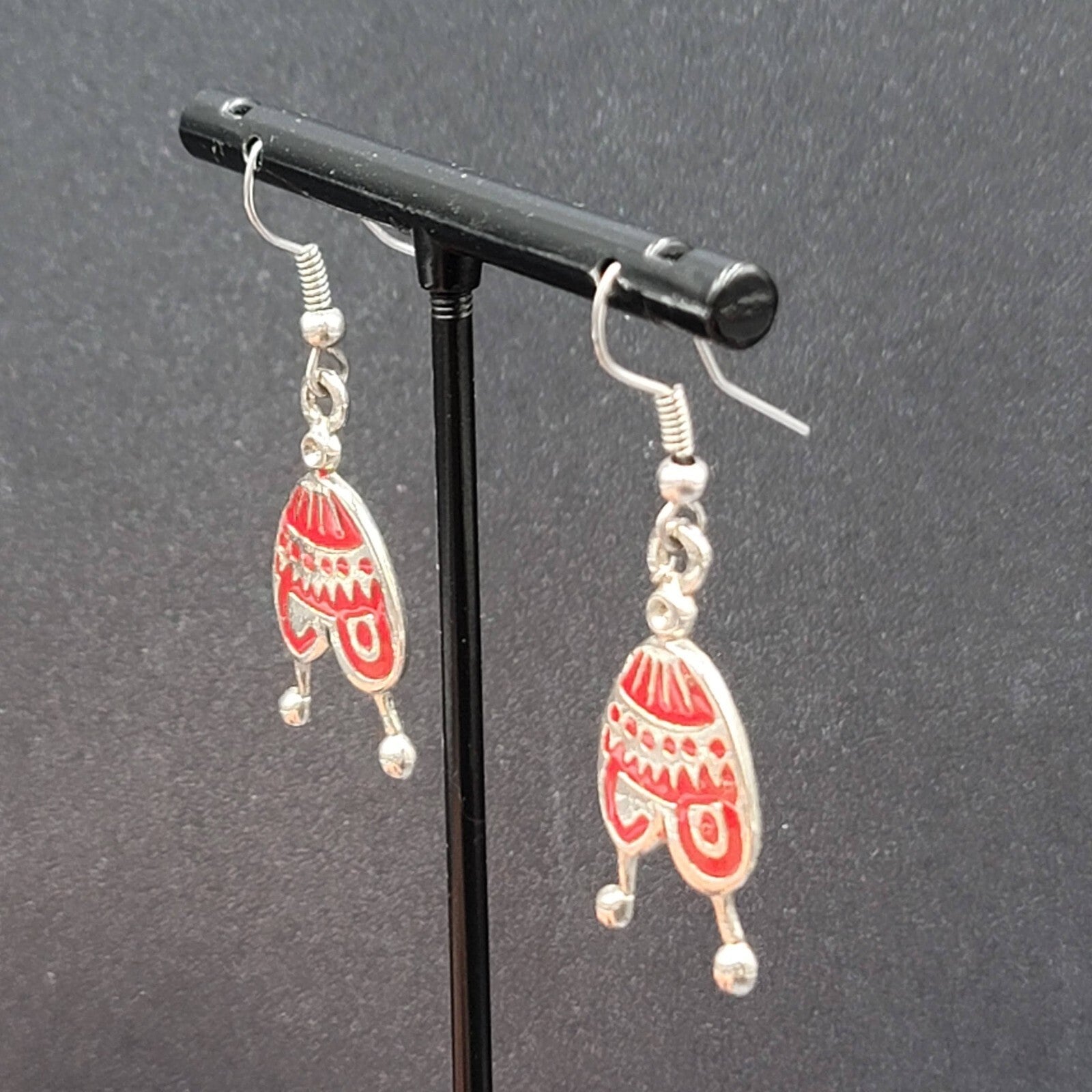 Pierced Earrings Silver tone Red Enamel Winter Hat Dangle 1 1/8"