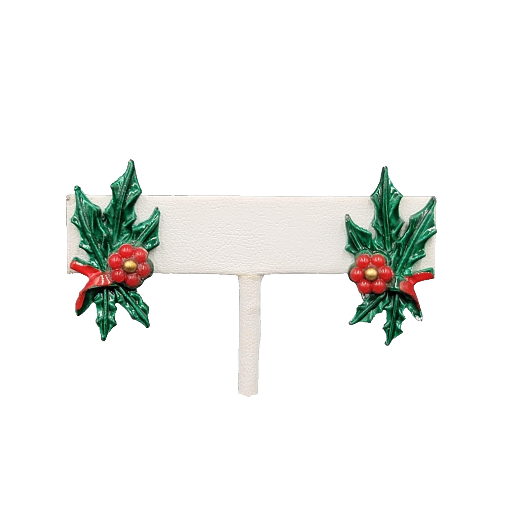 Vintage Enamel Holly Clip on Earrings Christmas Climber 1.25"