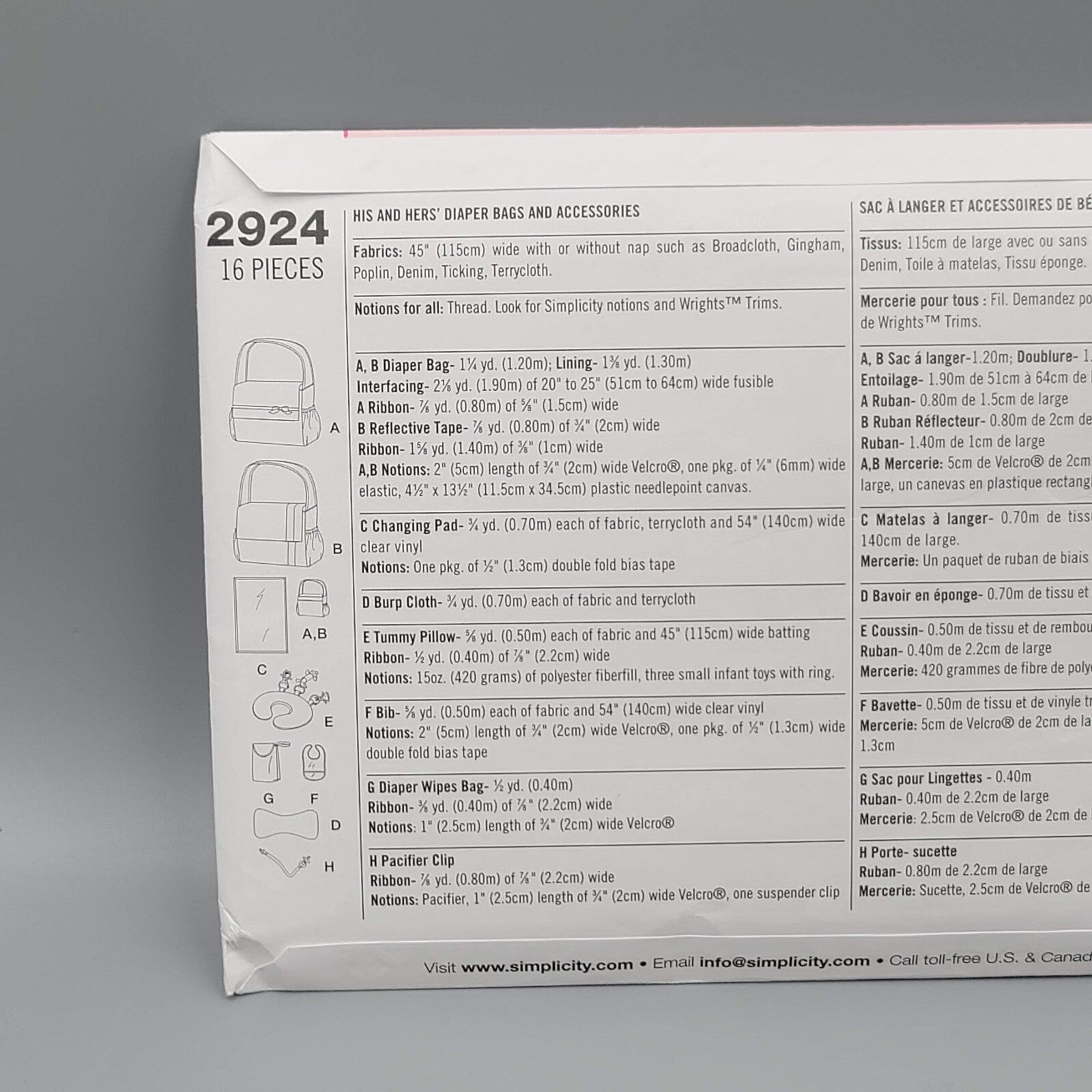 SIMPLICITY 2924 BABY DIAPER BAGS ACCESSORIES BIB PILLOW PATTERN UNCUT
