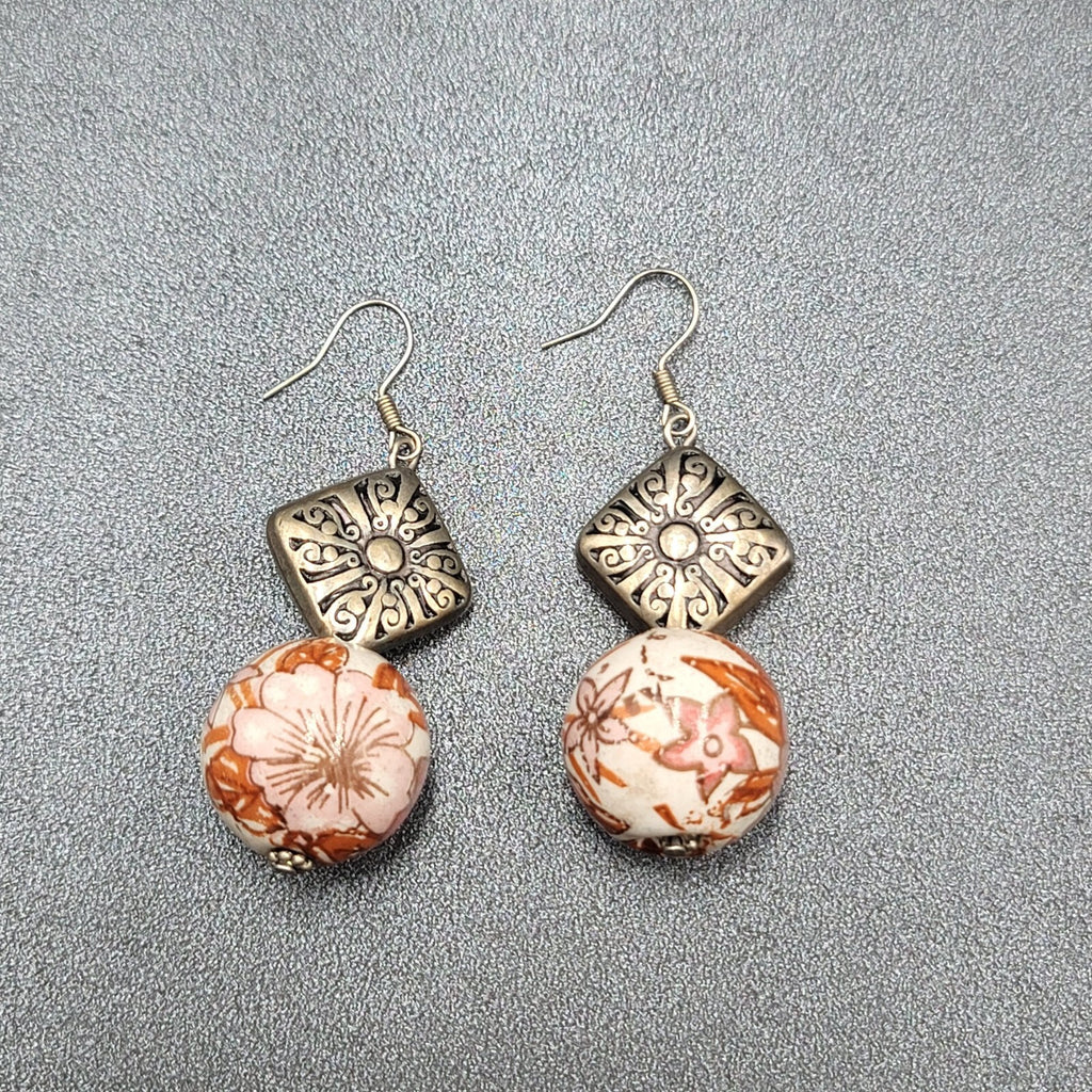 Pierced Earrings Silver tone Hand Painted Floral Pottery Bead  1.5"