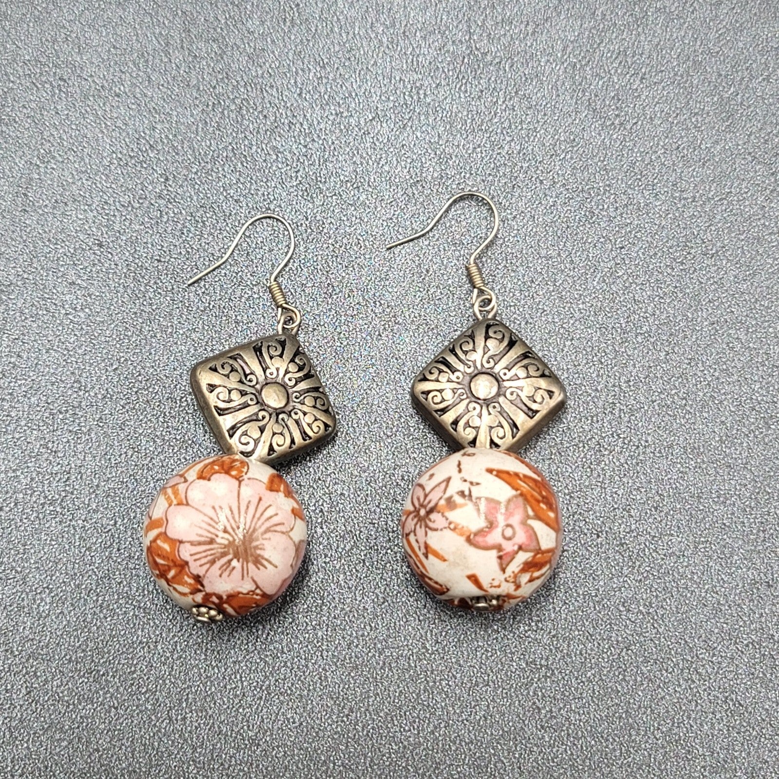 Pierced Earrings Silver tone Hand Painted Floral Pottery Bead  1.5"