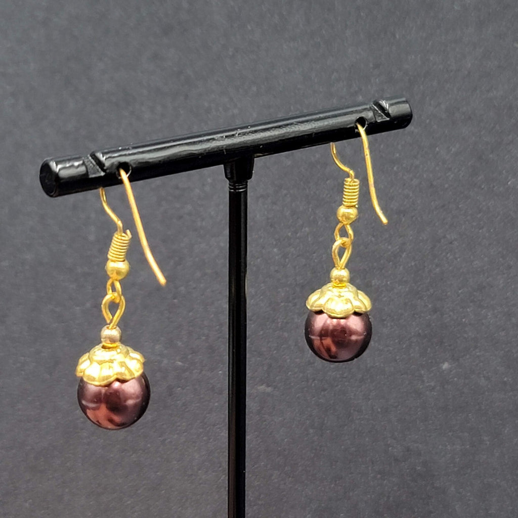 Pierced Earrings Gold tone Bronze Bead Capped Bead Dangle 3/4"