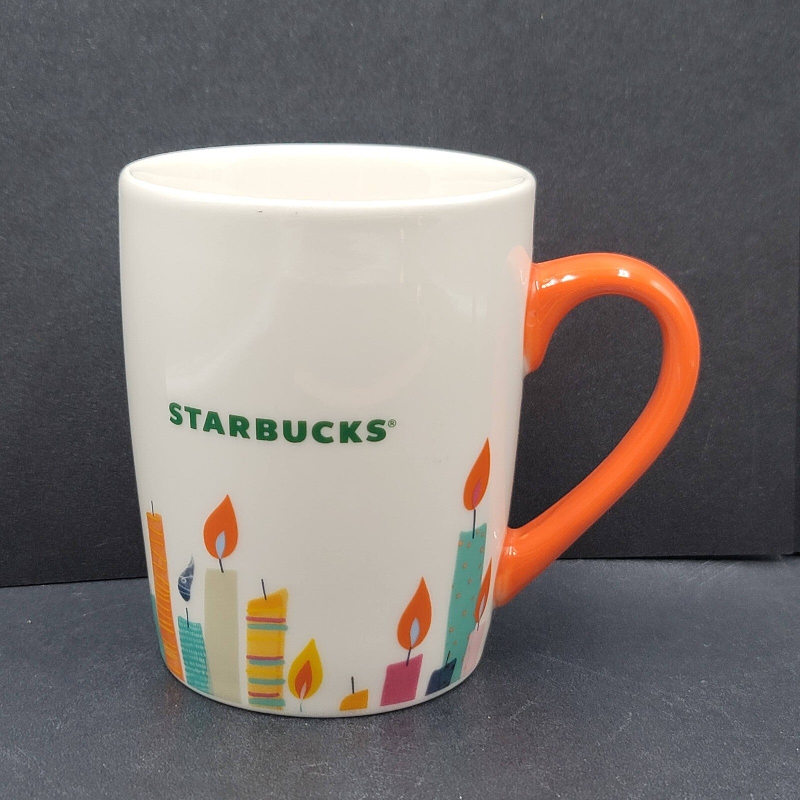 Starbucks Birthday Candles 10 oz Coffee Mug Cup 2020 White Orange Handle