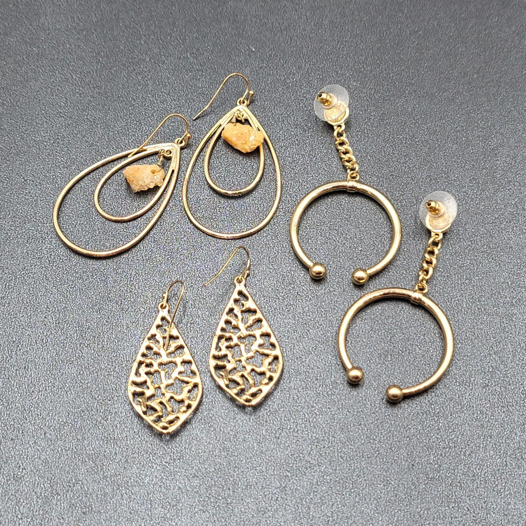 Lot of 3 Pierced Earrings Goldtone Teardrop Hoops Quartz Crystal Bead Wearable