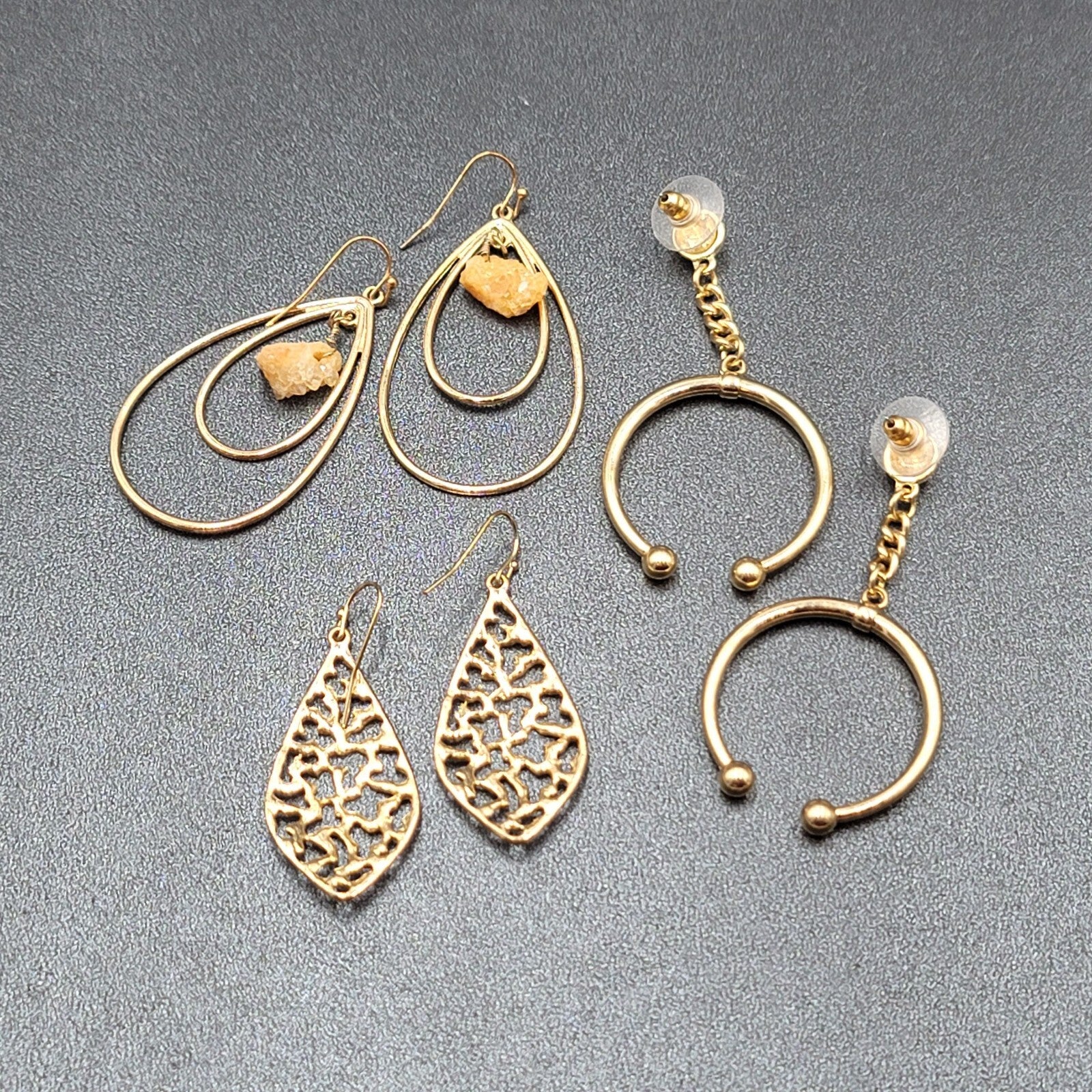 Lot of 3 Pierced Earrings Goldtone Teardrop Hoops Quartz Crystal Bead Wearable