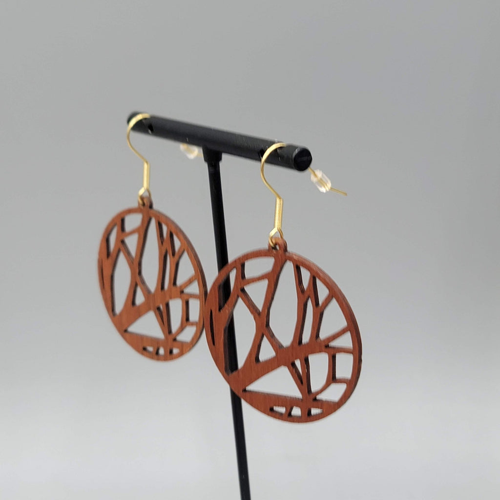 Laser Cut Wood Pierced Earrings Round Gold tone Dangle 1.5 in