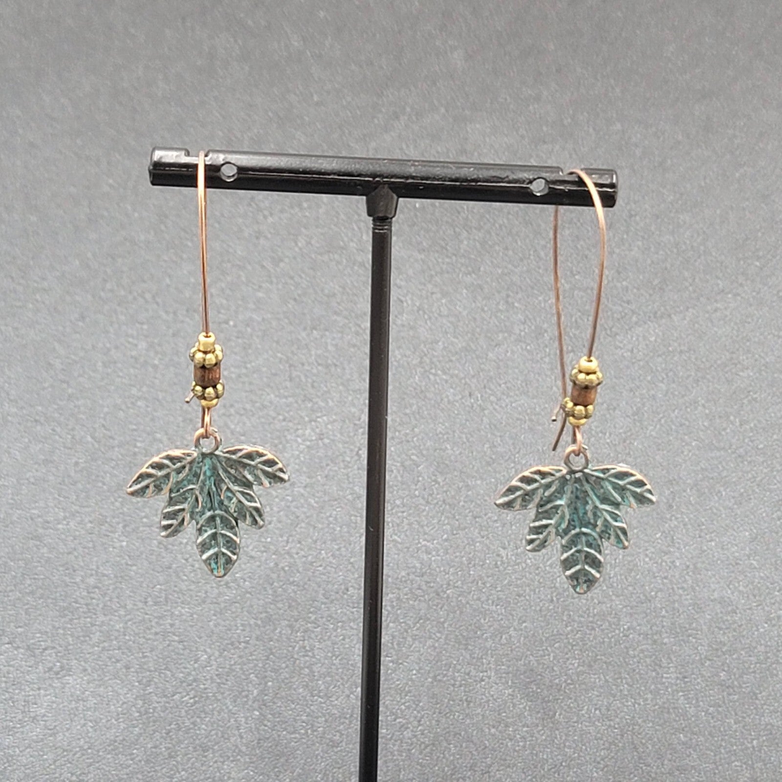 Pierced Earrings Bronze tone Green Patina Leaf Beaded Dangle 2.25"