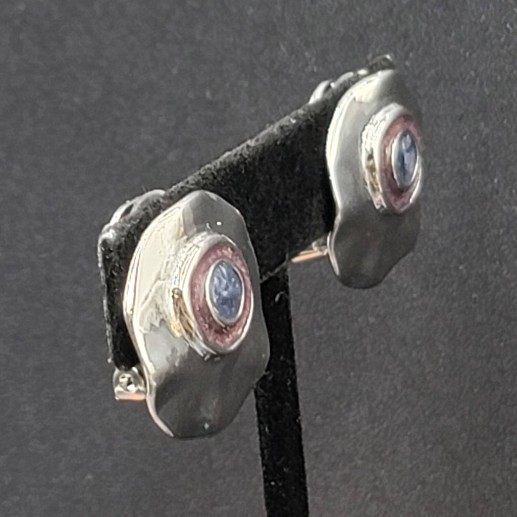 Vintage Clip on Earrings Polished Silver Plated Purple Enamel Round 1"