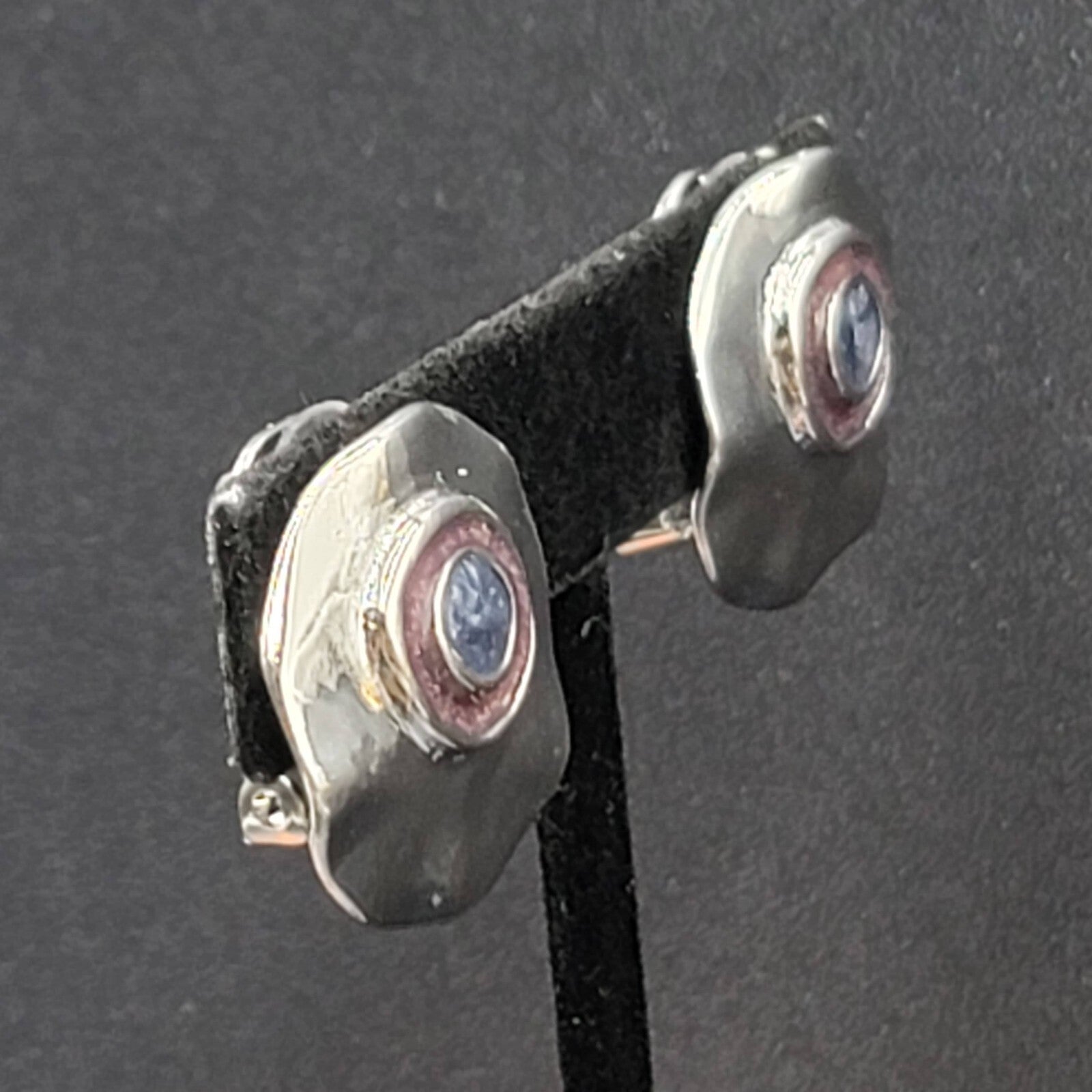 Vintage Clip on Earrings Polished Silver Plated Purple Enamel Round 1"