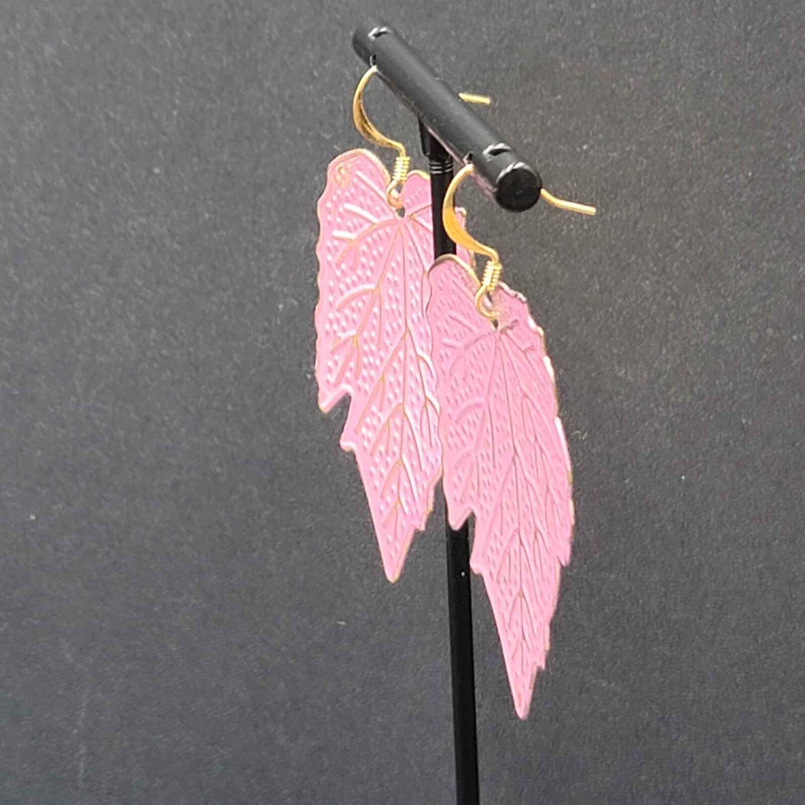 Pierced Earrings Gold tone Pink Enamel Large Statement Dangle Leaves Lightweight