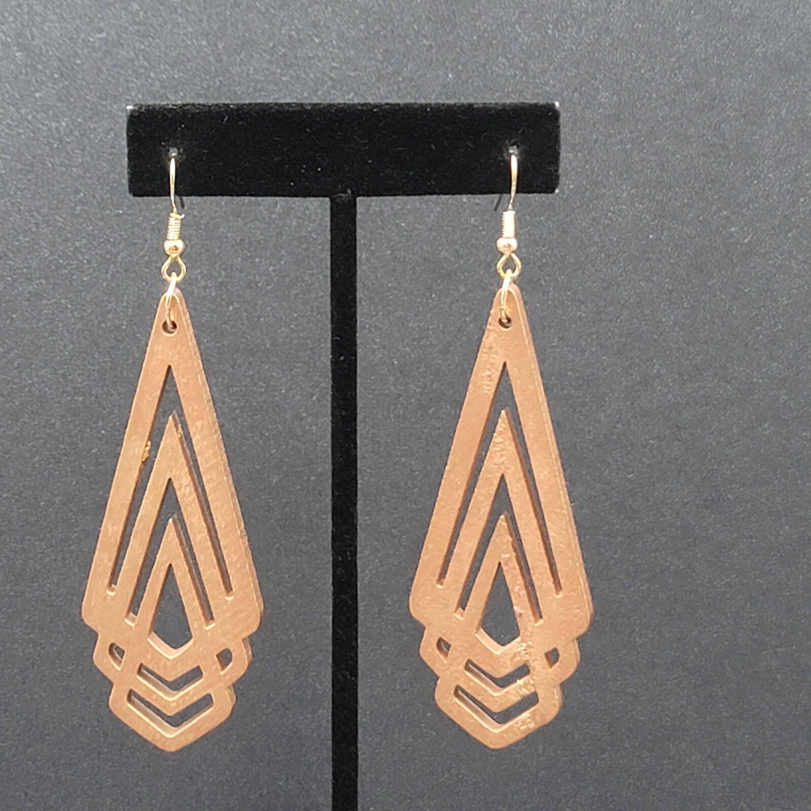 New Boho Pierced Earrings Metallic Gold Wood Cut Geometric Dangle 3"