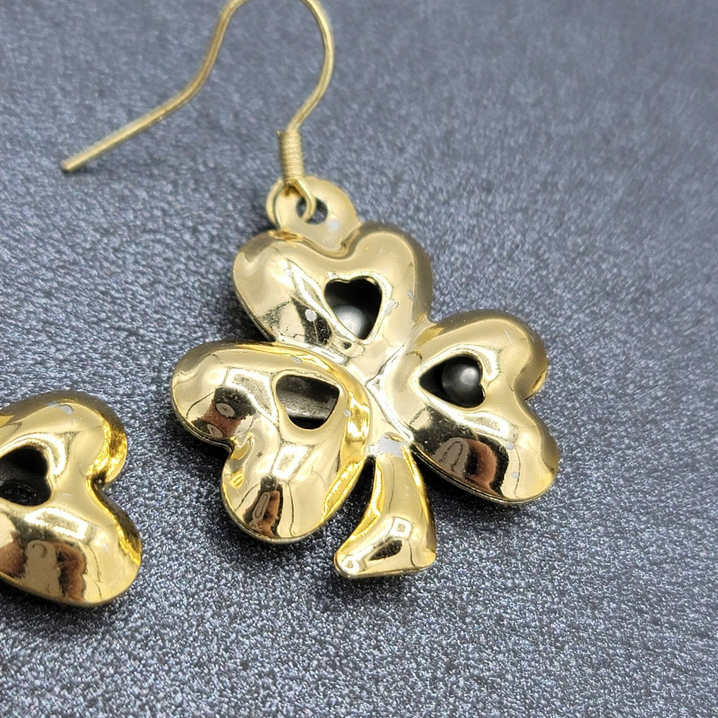 Clover Dangle Hook Dangle Pierced Earrings Jingle Bell Gold tone St Patricks Day