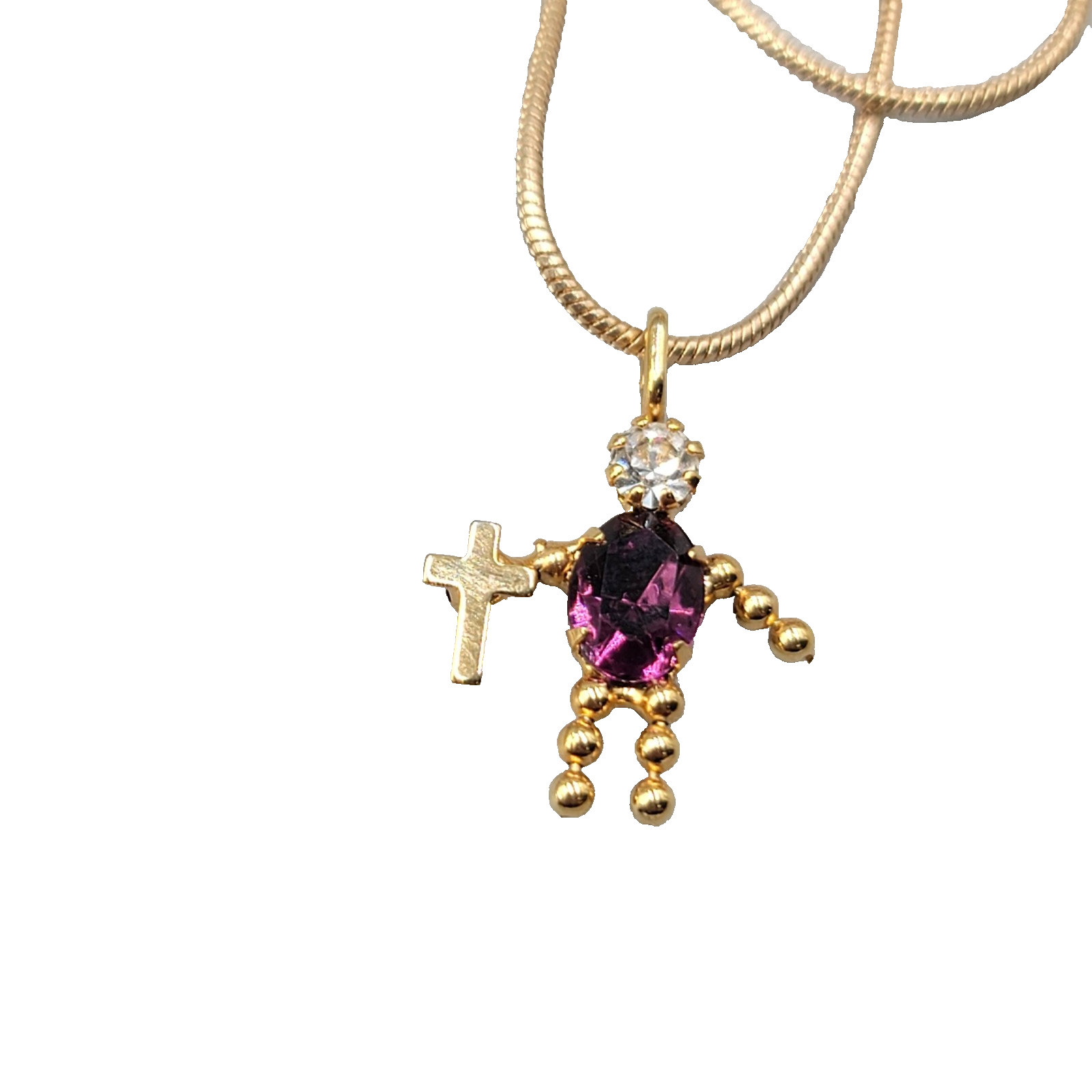 Vintage Purple Birthstone Boy Cross Pendant Gold Tone Necklace 24" Chain