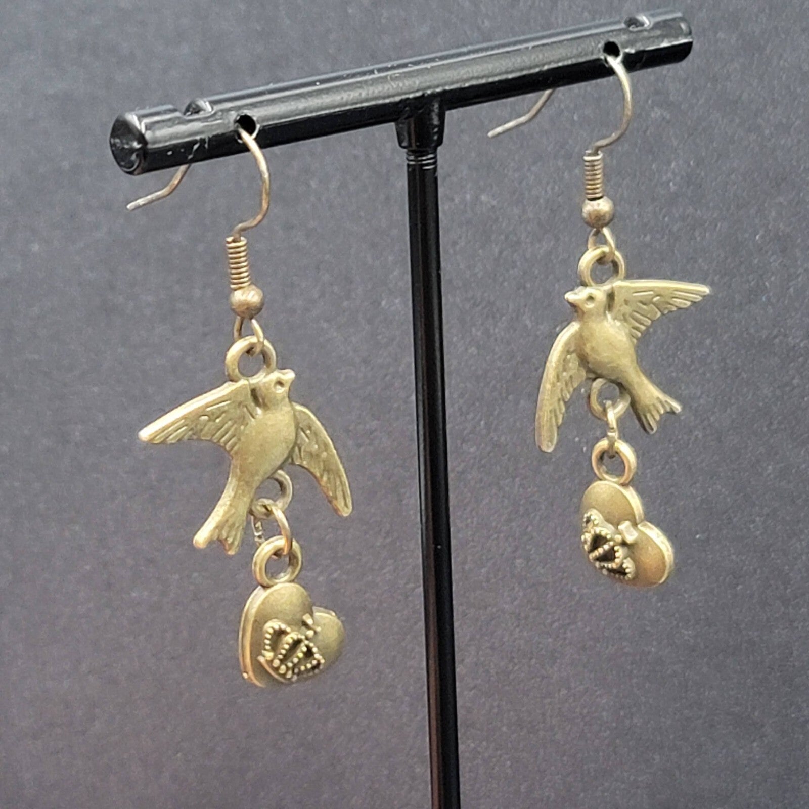 Birds Heart Pierced Earrings Bronze tone Dangle 1.25"