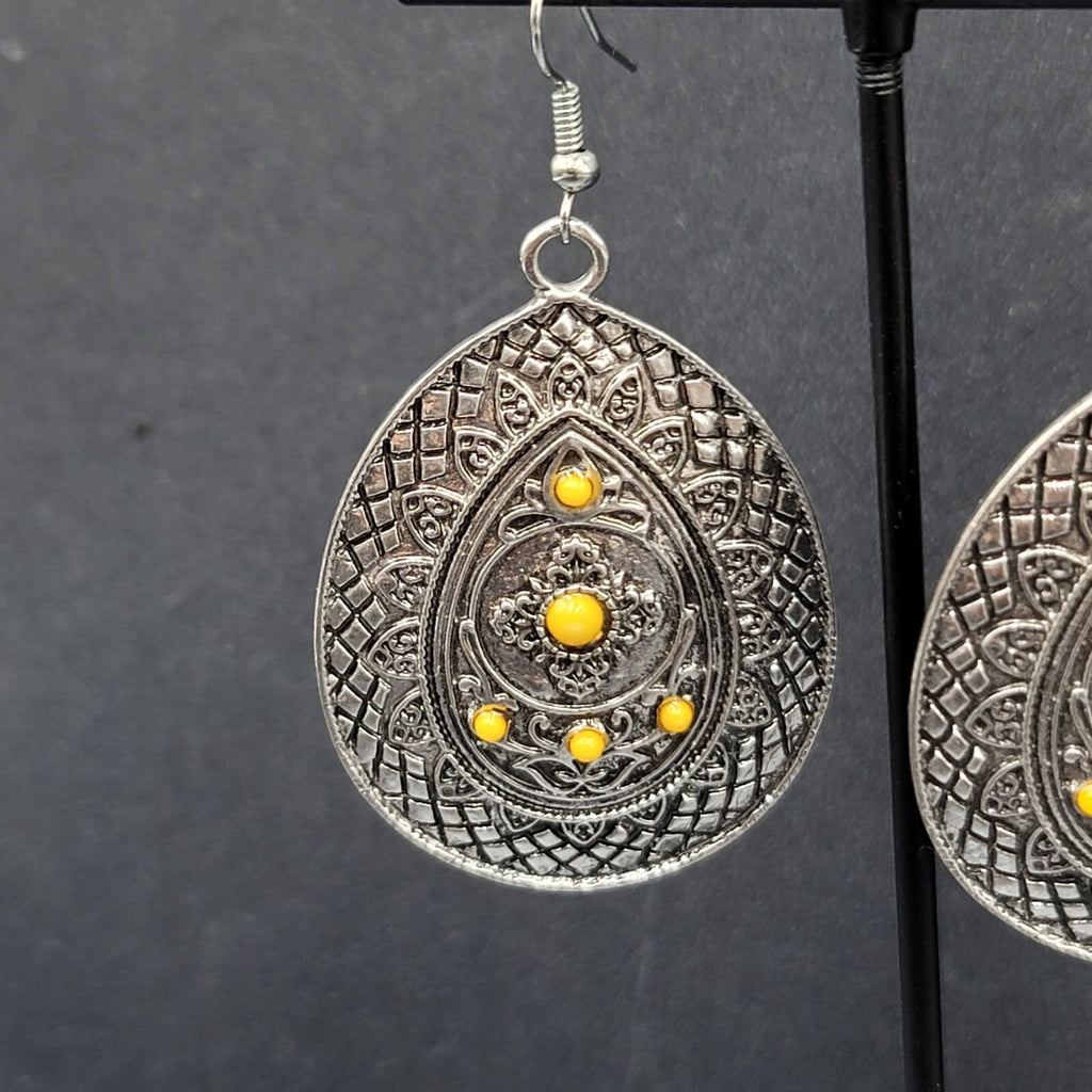 Pierced Earrings Silver tone Teardrop Medallion Yellow Accents Boho 1 7/8"