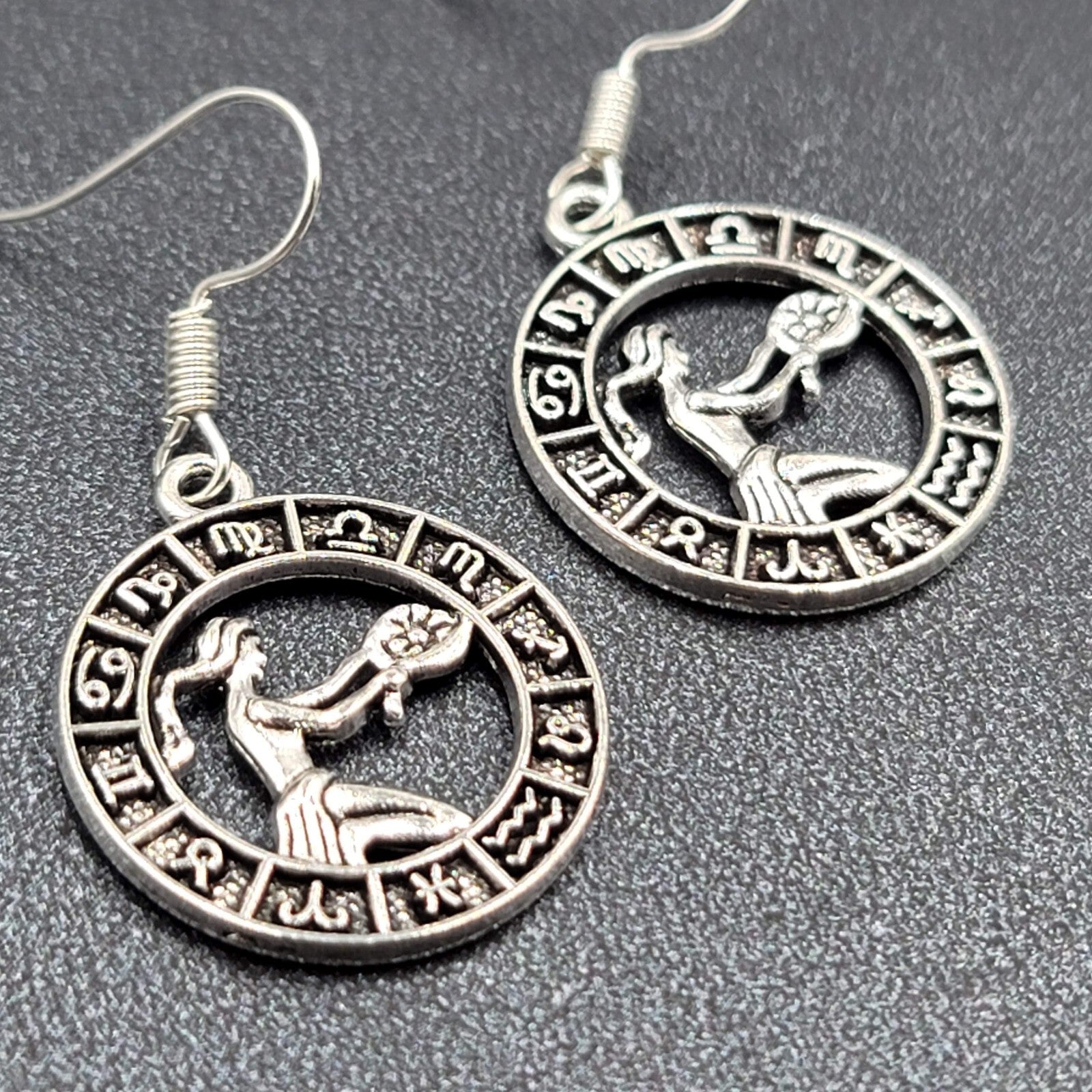 Zodiac Pierced Earrings Silver tone Dangle 7/8"