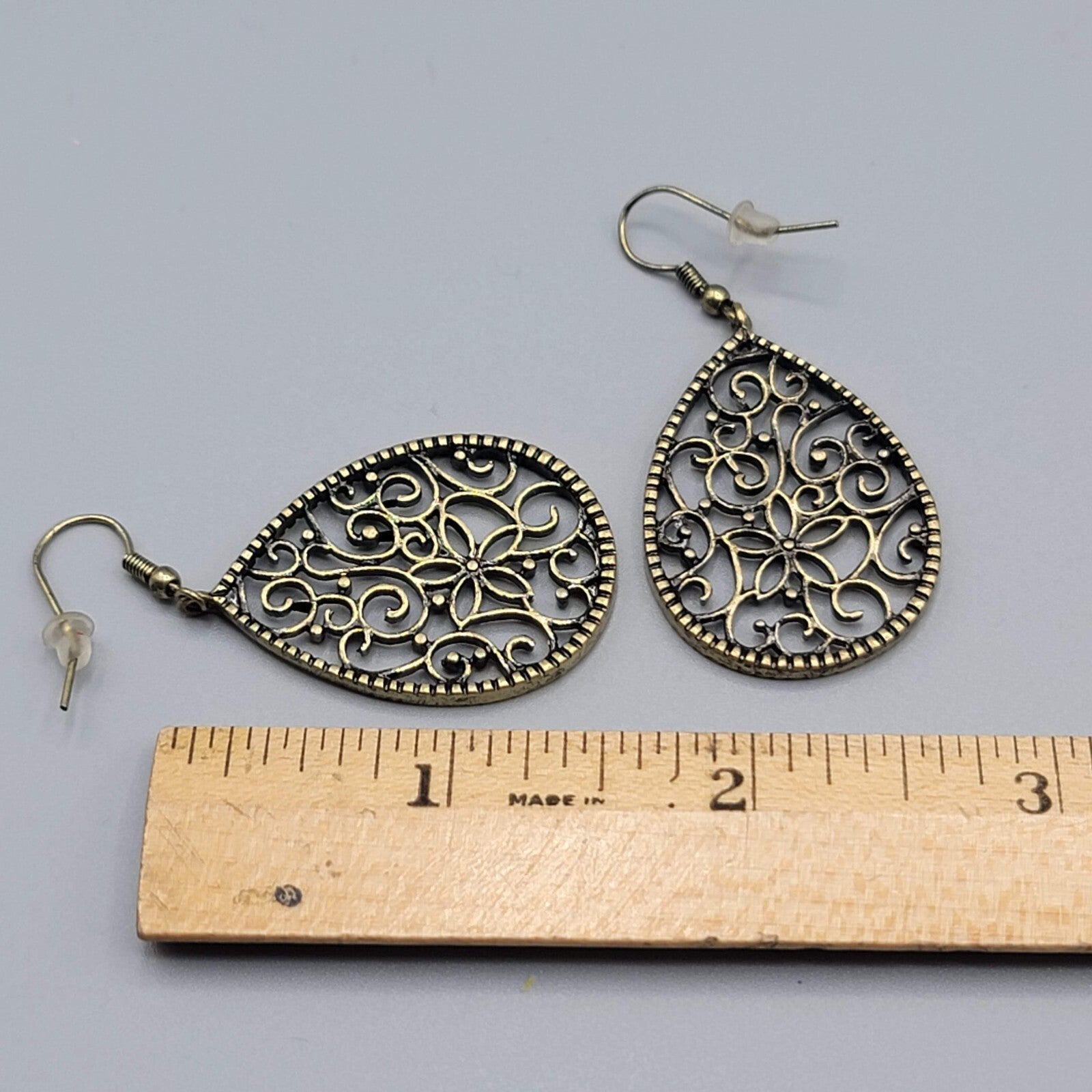 Pierced Earrings Bronze tone Filigree Teardrop Dangle 1.5"