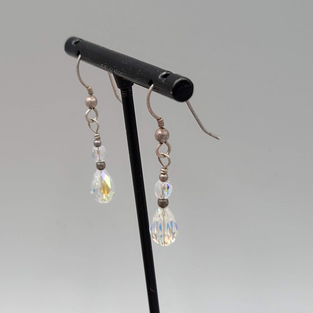 AB Crystal Teardrop Bead Pierced Earrings Silver tone Dangle 7/8"