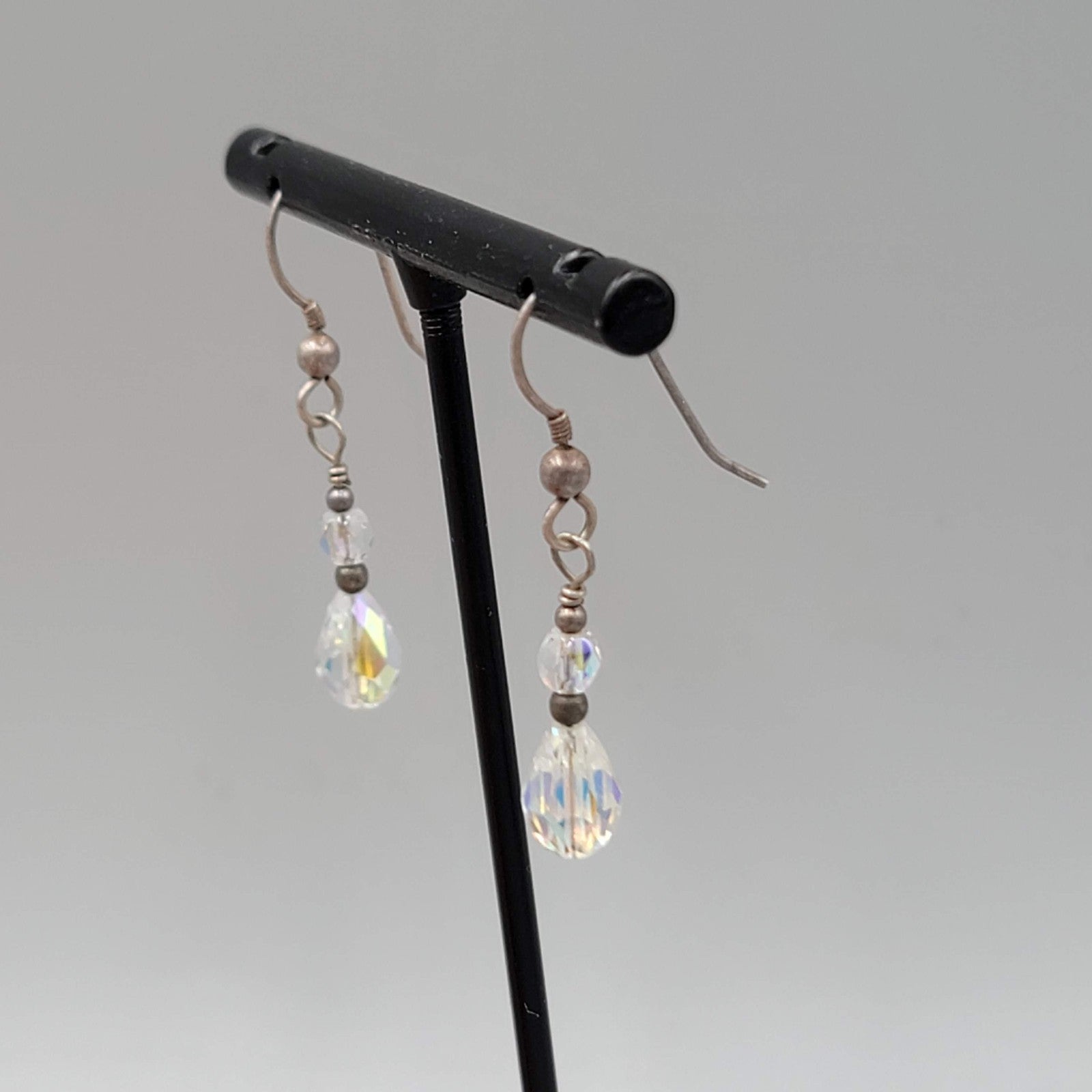AB Crystal Teardrop Bead Pierced Earrings Silver tone Dangle 7/8"
