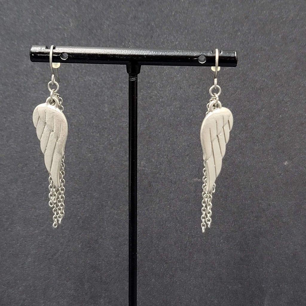 Pierced Earrings Matte Silver tone Angel Wings Dangle Chains 1.75"