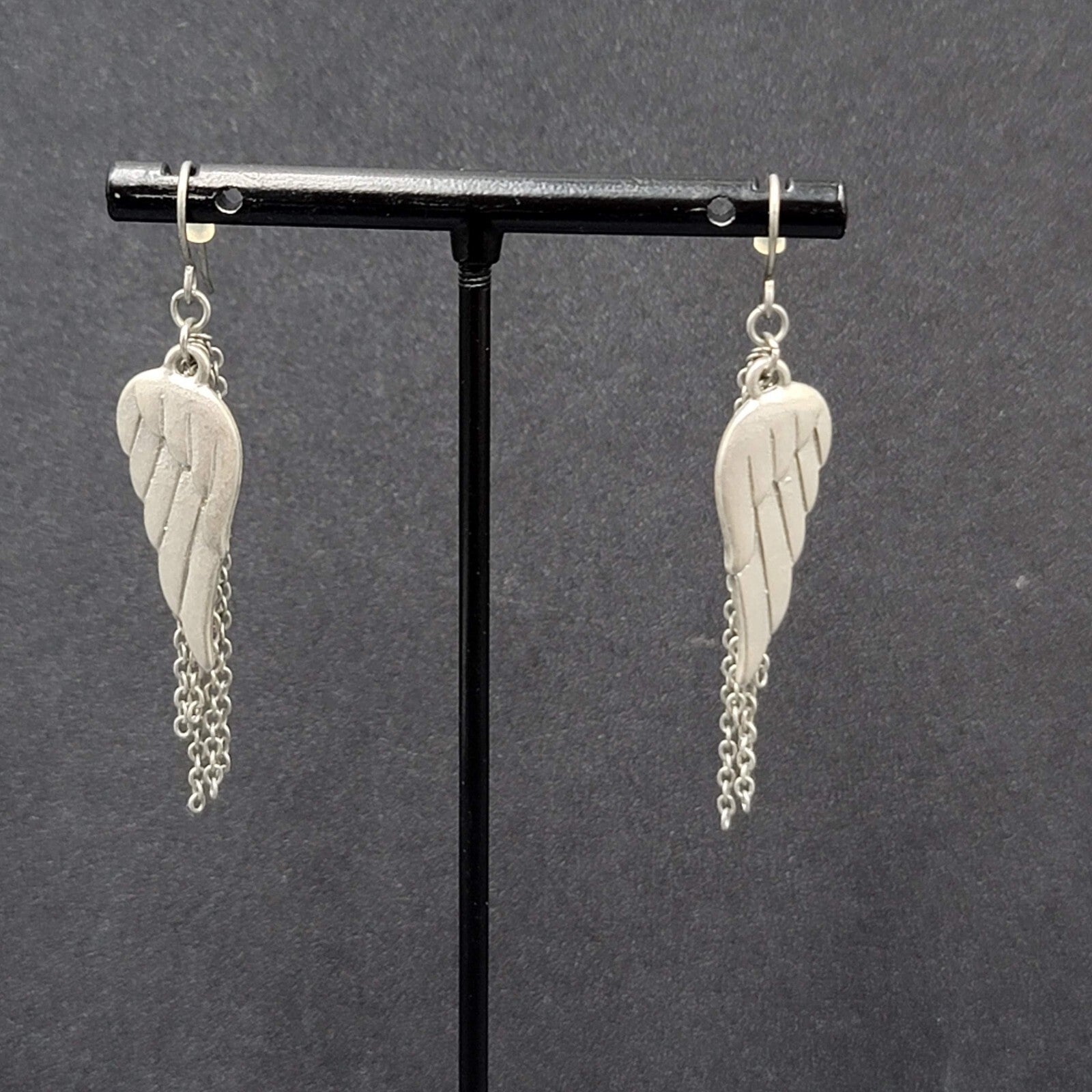 Pierced Earrings Matte Silver tone Angel Wings Dangle Chains 1.75"