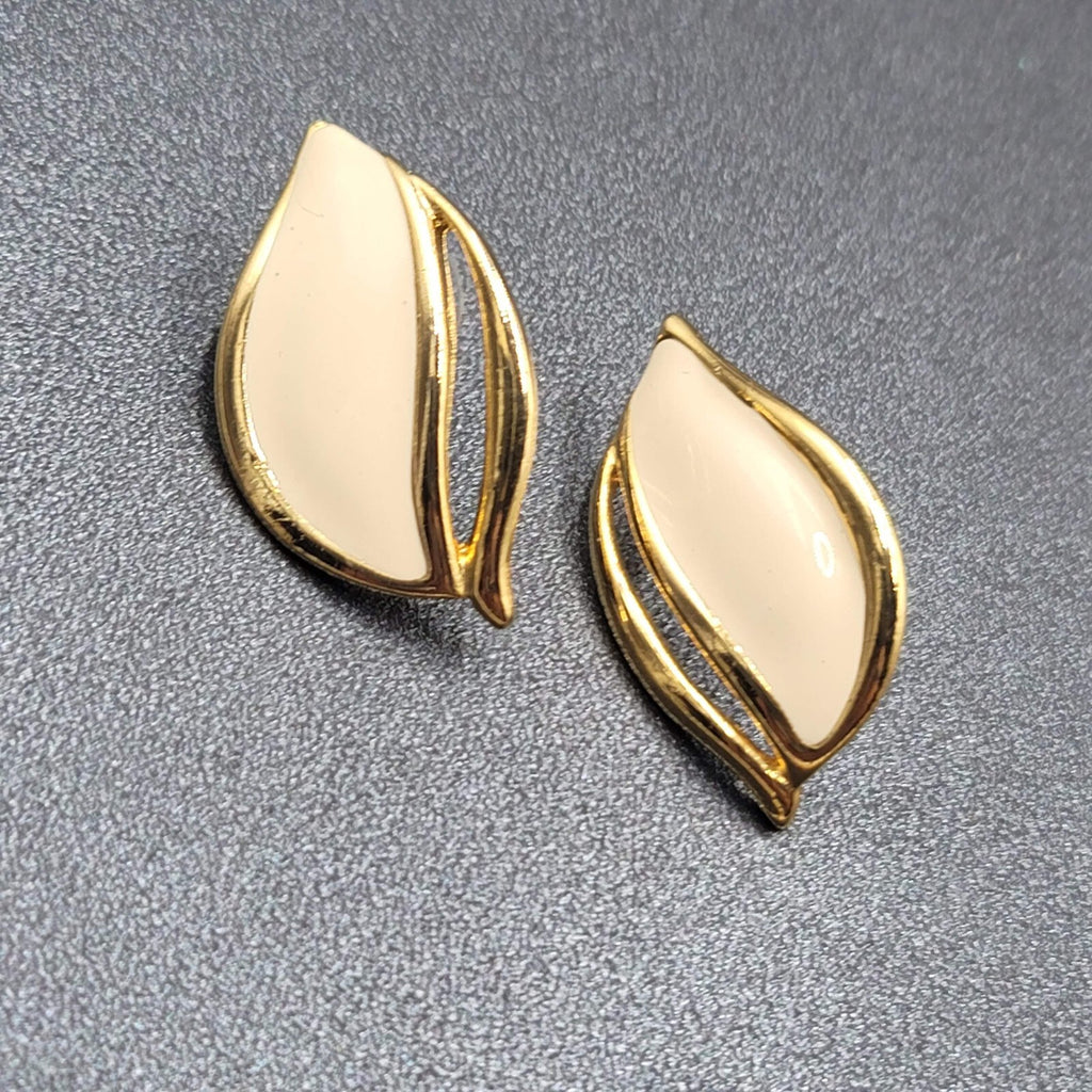 Vintage Pierced Earrings White Enamel Gold Plated Drop 1.25"