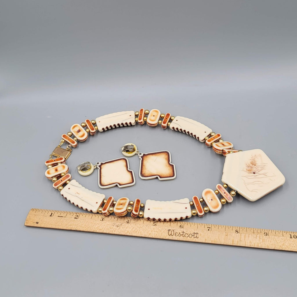 Vintage Large Statement Necklace Earrings Set Clip On Womens Cream Brown Acrylic