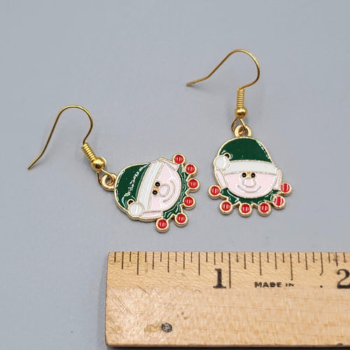 Christmas Elf Pierced Earrings Enamel Gold tone Dangle 3/4" New