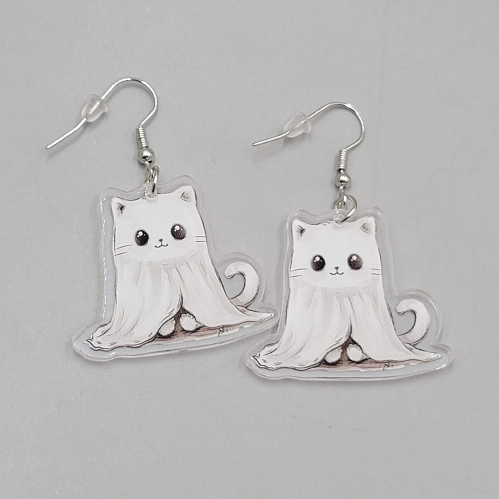 Halloween Ghost Kitty Cat Pierced Earrings Silver tone Dangle 1.5 in