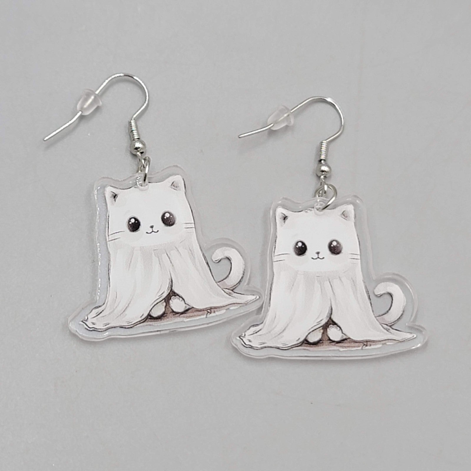 Halloween Ghost Kitty Cat Pierced Earrings Silver tone Dangle 1.5 in