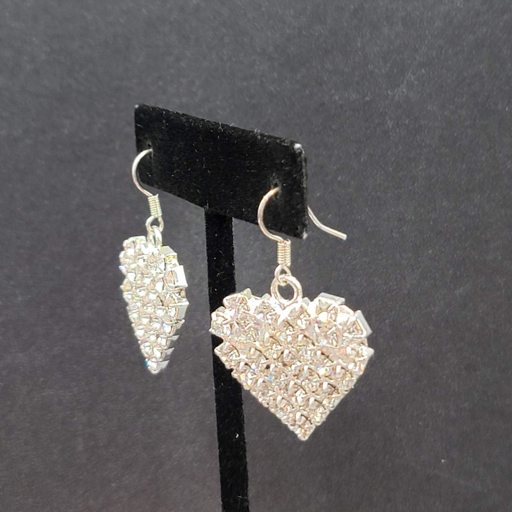 Vintage Pierced Earrings Silver tone Rhinestone Studded Dangle Heart 1"