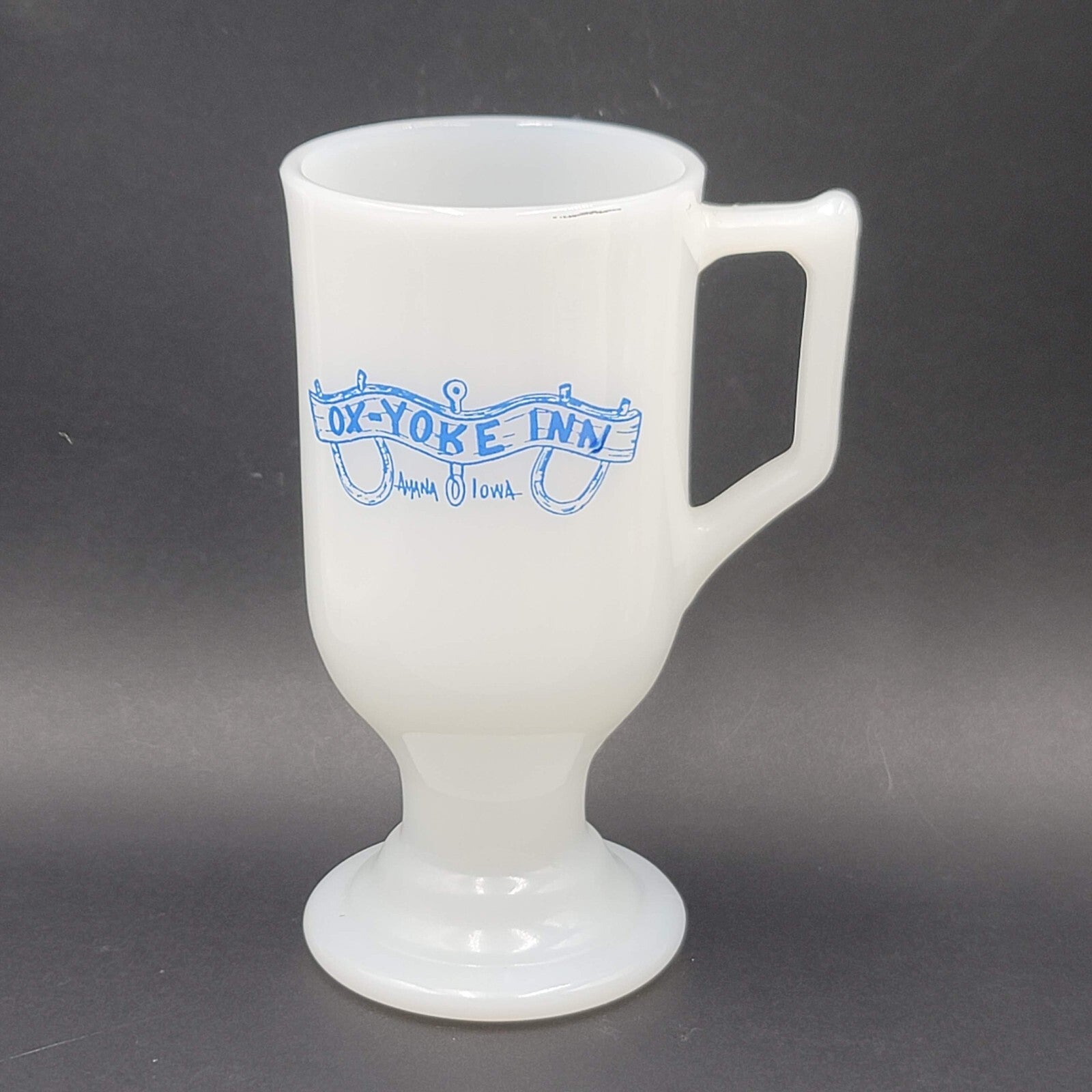 Ox Yoke Inn Amana Iowa Vintage Coffee Mug Milk Glass Blue Lettering