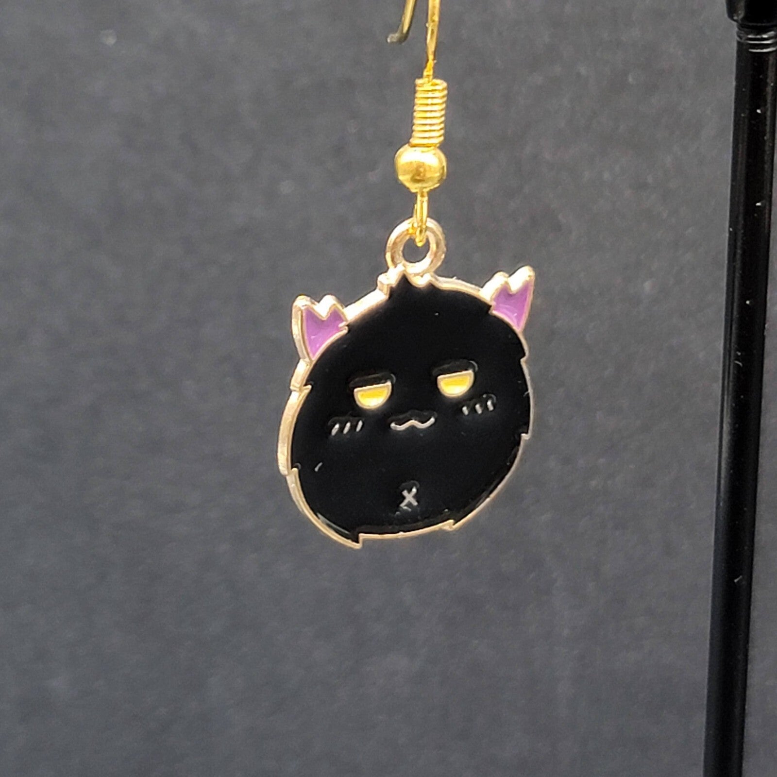 Bat Pierced Earrings Gold tone Enamel Halloween Dangle 7/8"