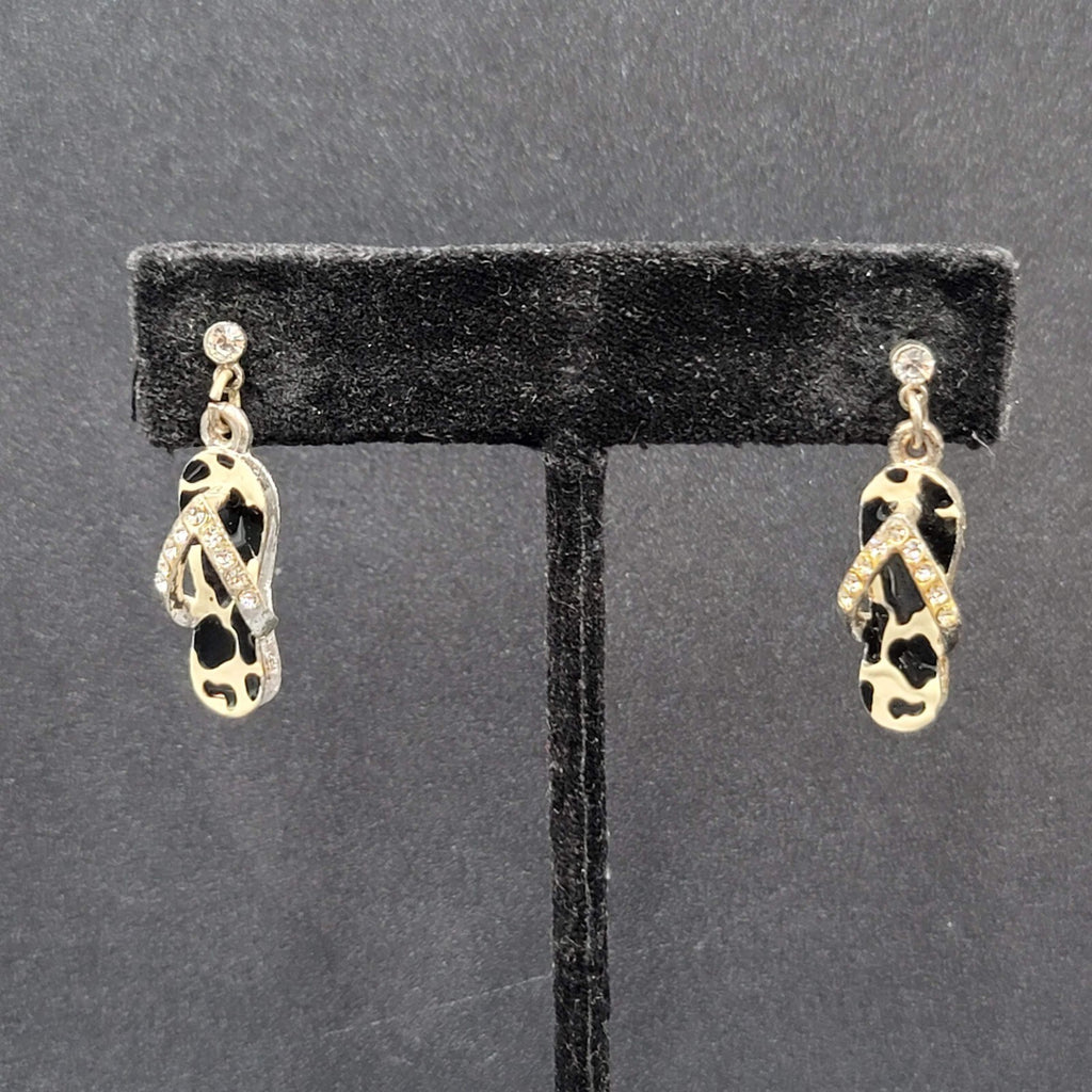 Pierced Earrings Black White Enamel Rhinestone Dangle Flip Flops Sandels 3/4"