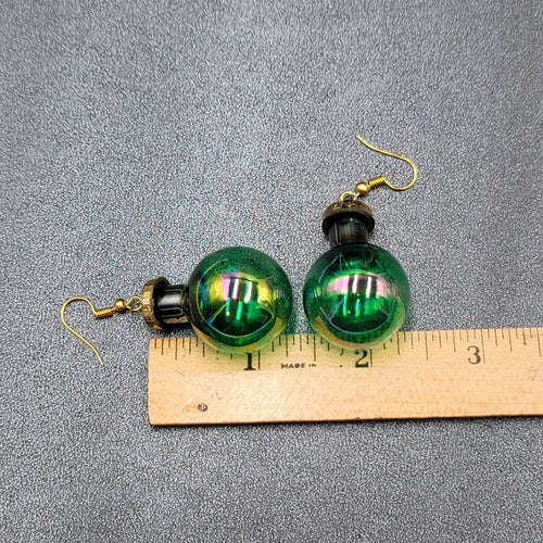 Christmas Pierced Earrings Green Glass Ornament Dangle 1.25"