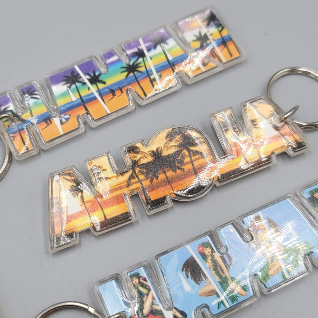 Lot of 4 Hawaii Hawaiian Souvenir Acrylic Assorted Keychain Keyring Pre-owned