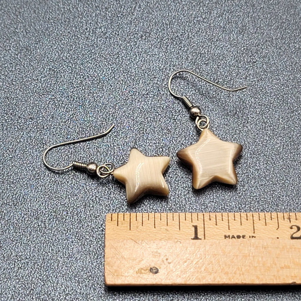 Pierced Earrings Silver tone Tan Brown Satin Cats Eye Glass Star Bead Dangle 3/4