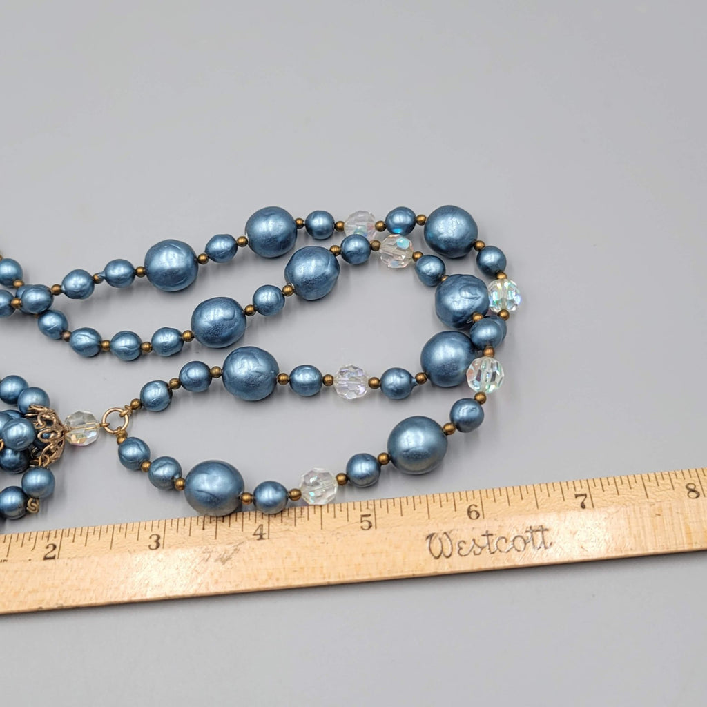 Vintage Faux Pearl Bead Necklace 24" Crystal Aurora Borealis Dangle Gold Tone
