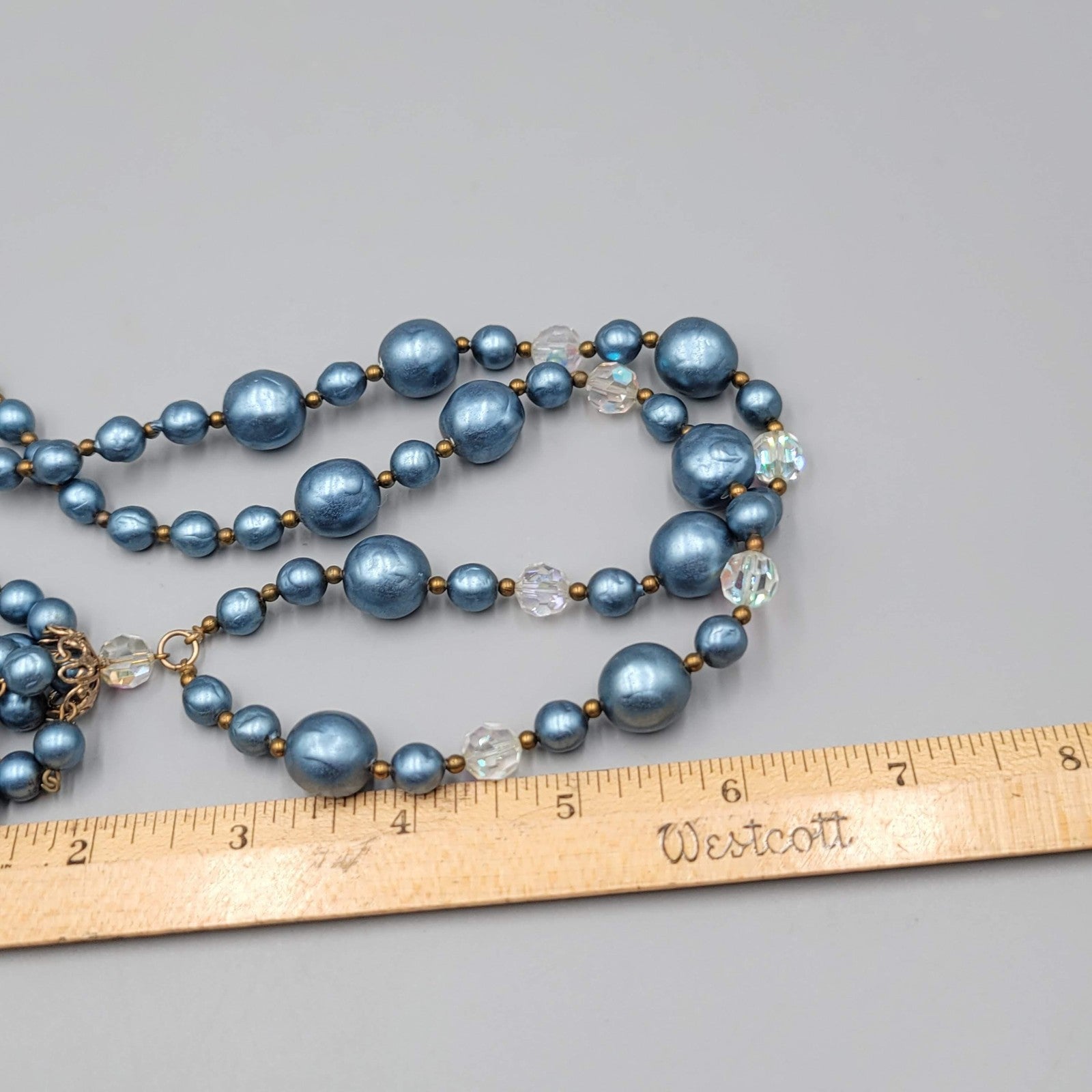 Vintage Faux Pearl Bead Necklace 24" Crystal Aurora Borealis Dangle Gold Tone